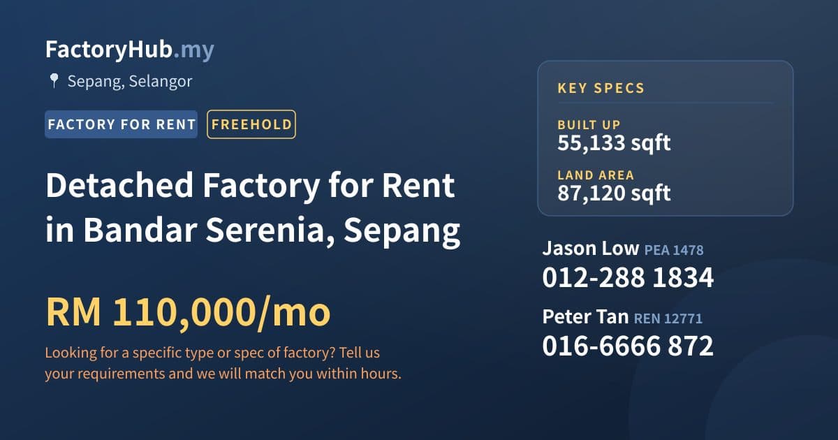 Factory For Rent - Detached Factory for Rent in Bandar Serenia, Sepang - Sepang, Selangor Factory For Rent - Detached Factory for Rent in Bandar Serenia, Sepang - Sepang, Selangor